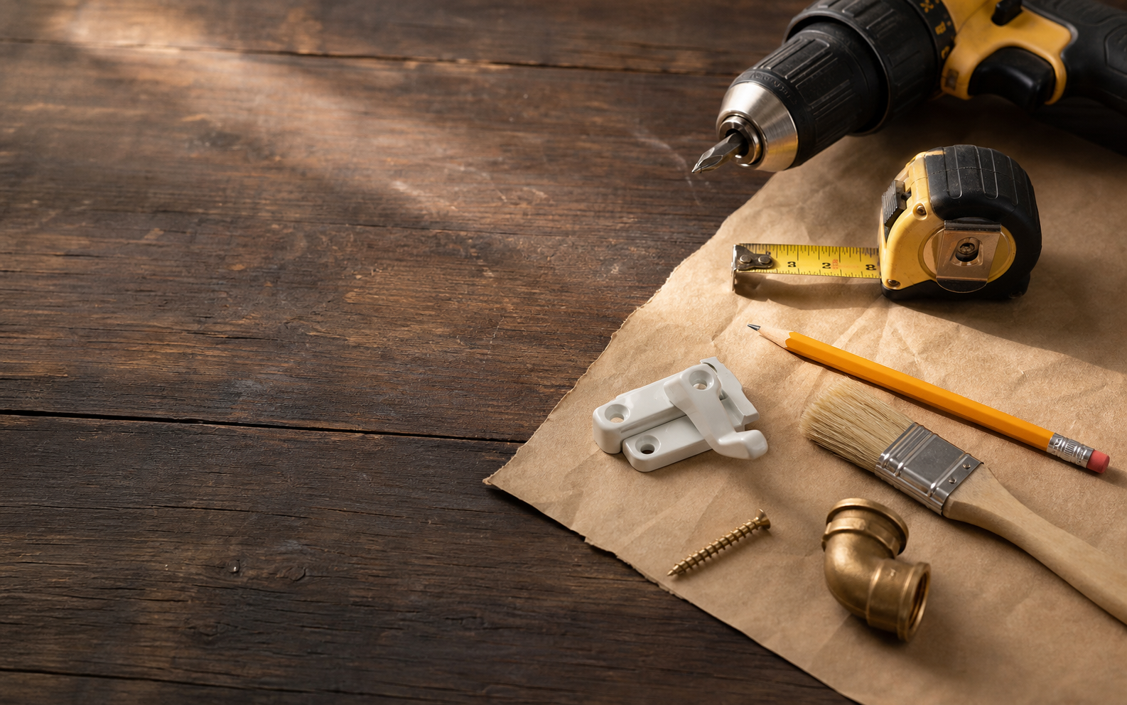 Workbench with a drill, tape measure, hardware, and repair paper